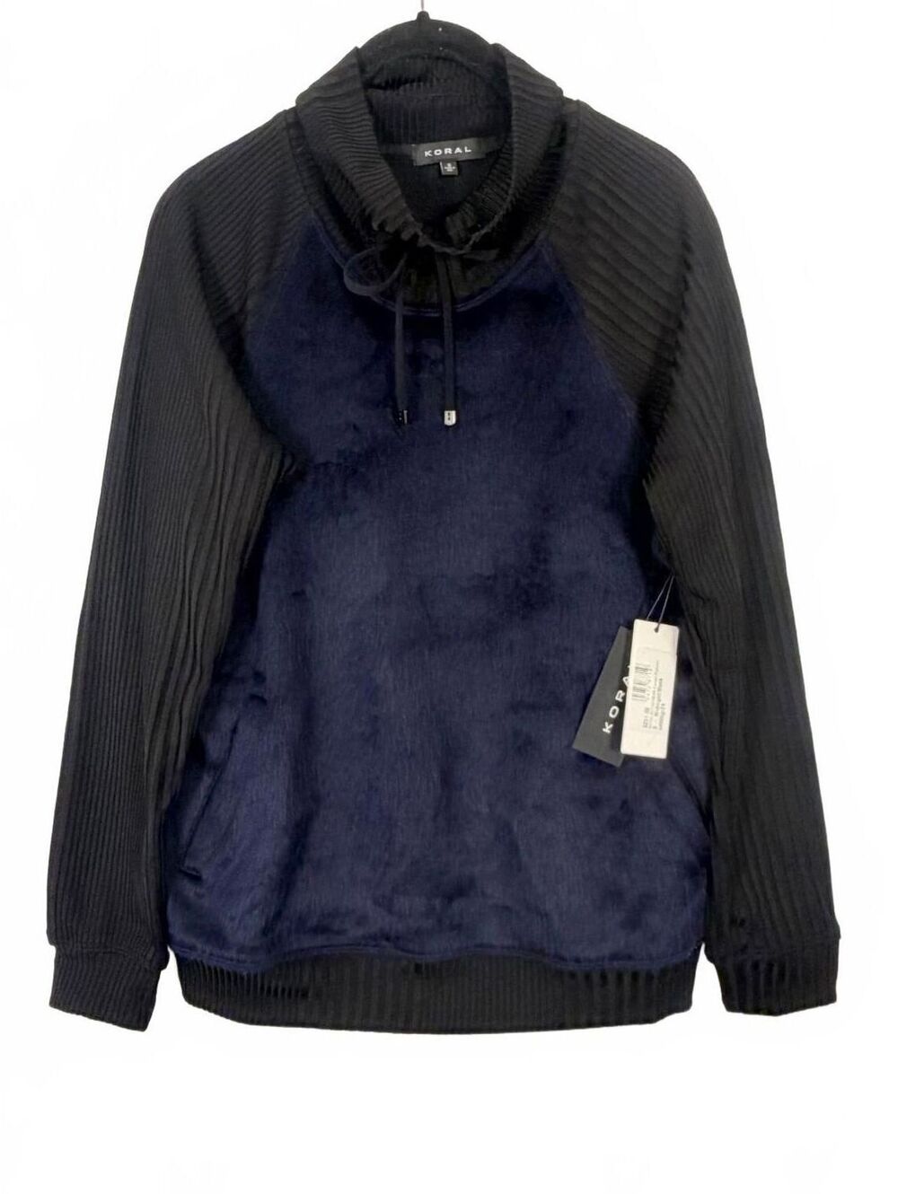 Koral Mixed Media Faux Fur Cowl Neck Funnel Sweatshirt Navy Black NWT Size Small